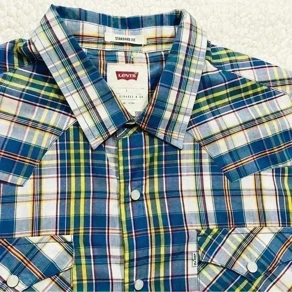Levi's Barstow Western Short Sleeve Multi Color Checker Plaid Snap Shirt Size L - Picture 2 of 16